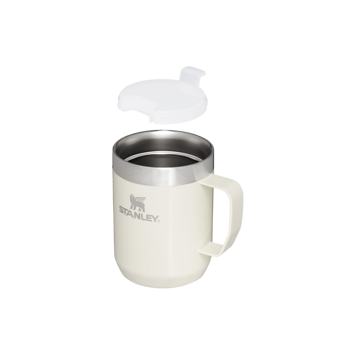 Kubek na gorącą kawę i zimne napoje latem, termiczny, trzyma temperaturę, na kemping i do ogrodu, na ognisko i grilla, kubek na kawę kremowy, kubek dla dziewczyny, kubek z uchem, kubek z pokrywką, Stanley 10-11444-035 bakeshop.pl