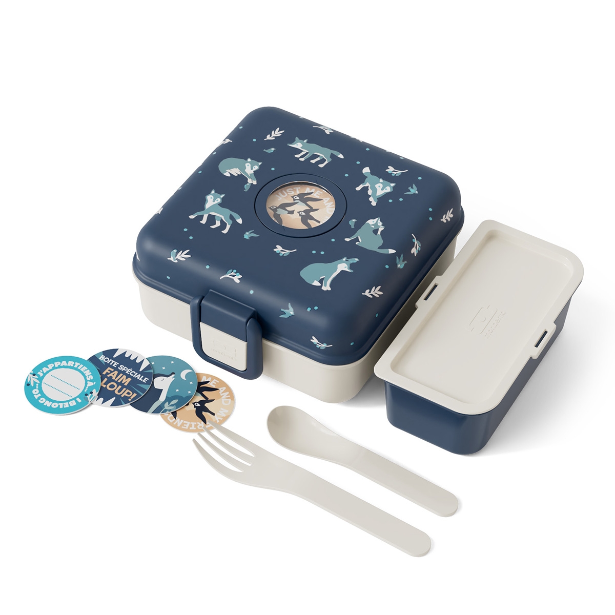 Granatowy lunchbox Monbento z motywem wilczka