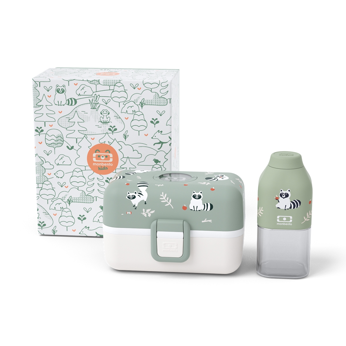 Monbento Gift Box Racoon – lunchbox MB Trésor i butelka MB Positive S dla dzieci