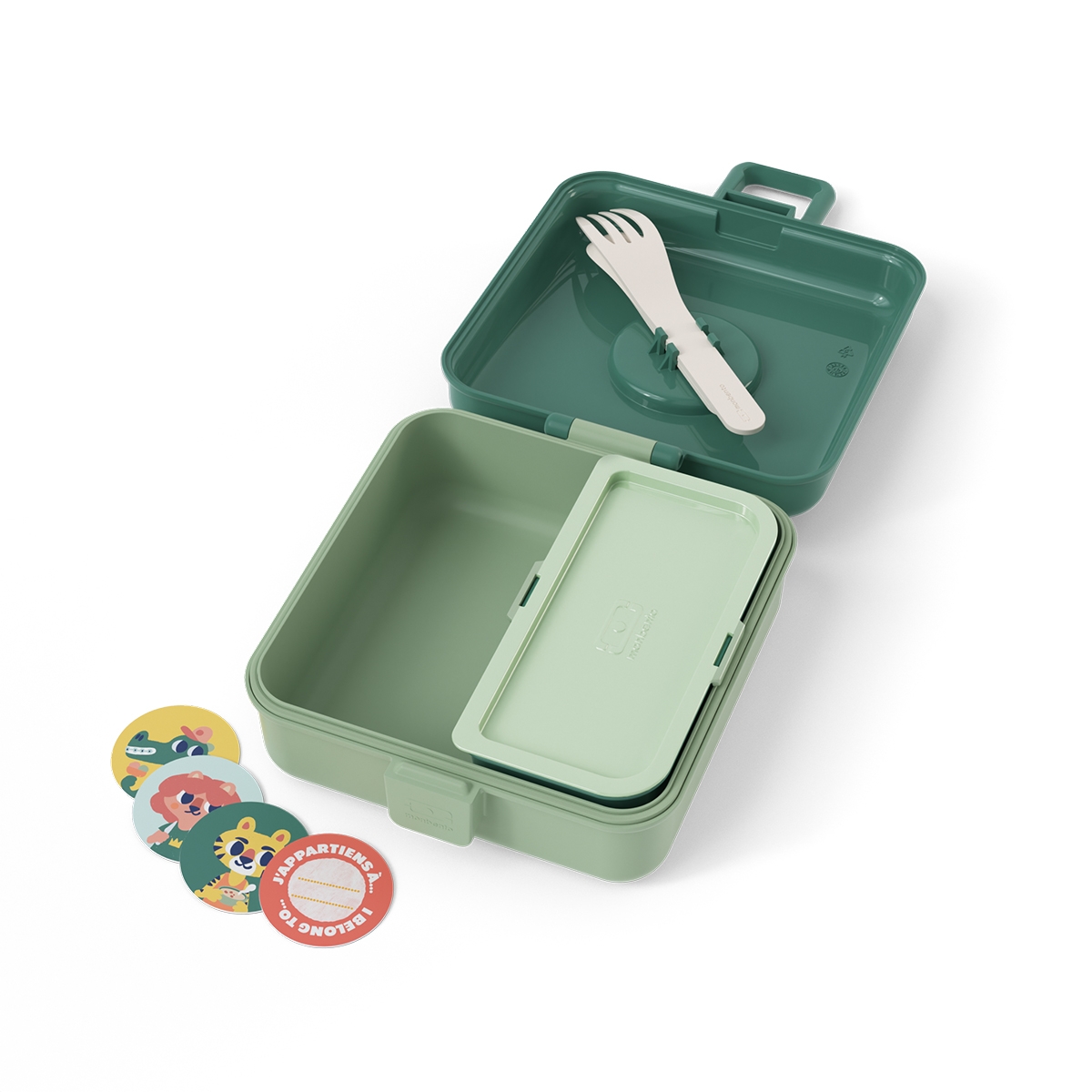 Lunchbox Monbento Snacky Green Forest – z klipsem i sztućcami pod pokrywką