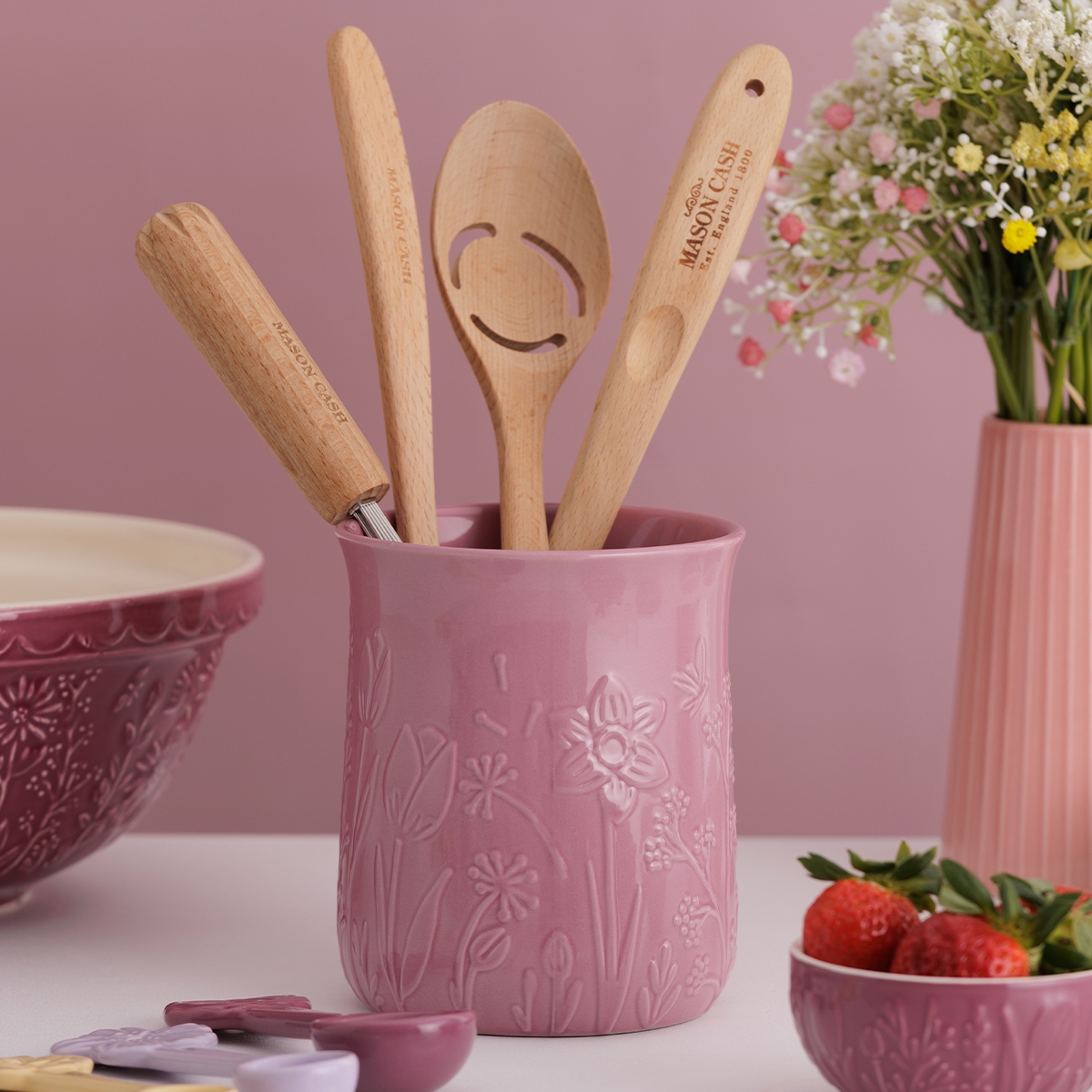 Pojemnik ceramiczny Mason Cash IN THE MEADOW na przybory kuchenne – stylowy organizer z kamionki na łyżki, łopatki, trzepaczki i inne akcesoria