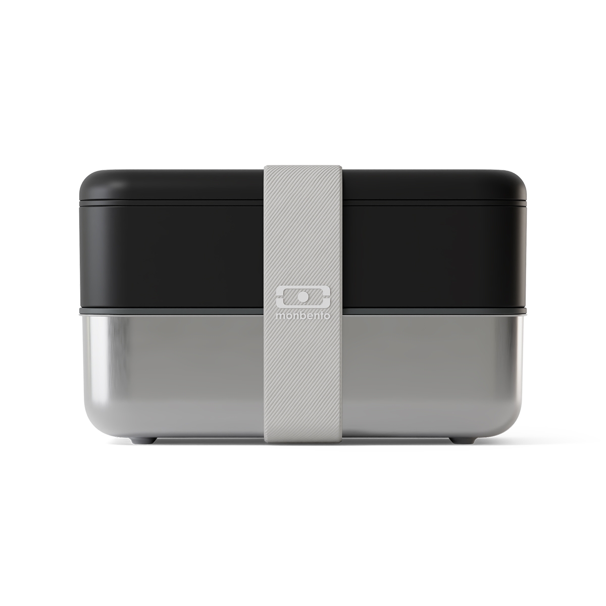 Lunchbox dwupoziomowy Monbento Sense pojemnik ze stali nierdzewnej, zamykany szeroką opaską, kolor Noir Onyx