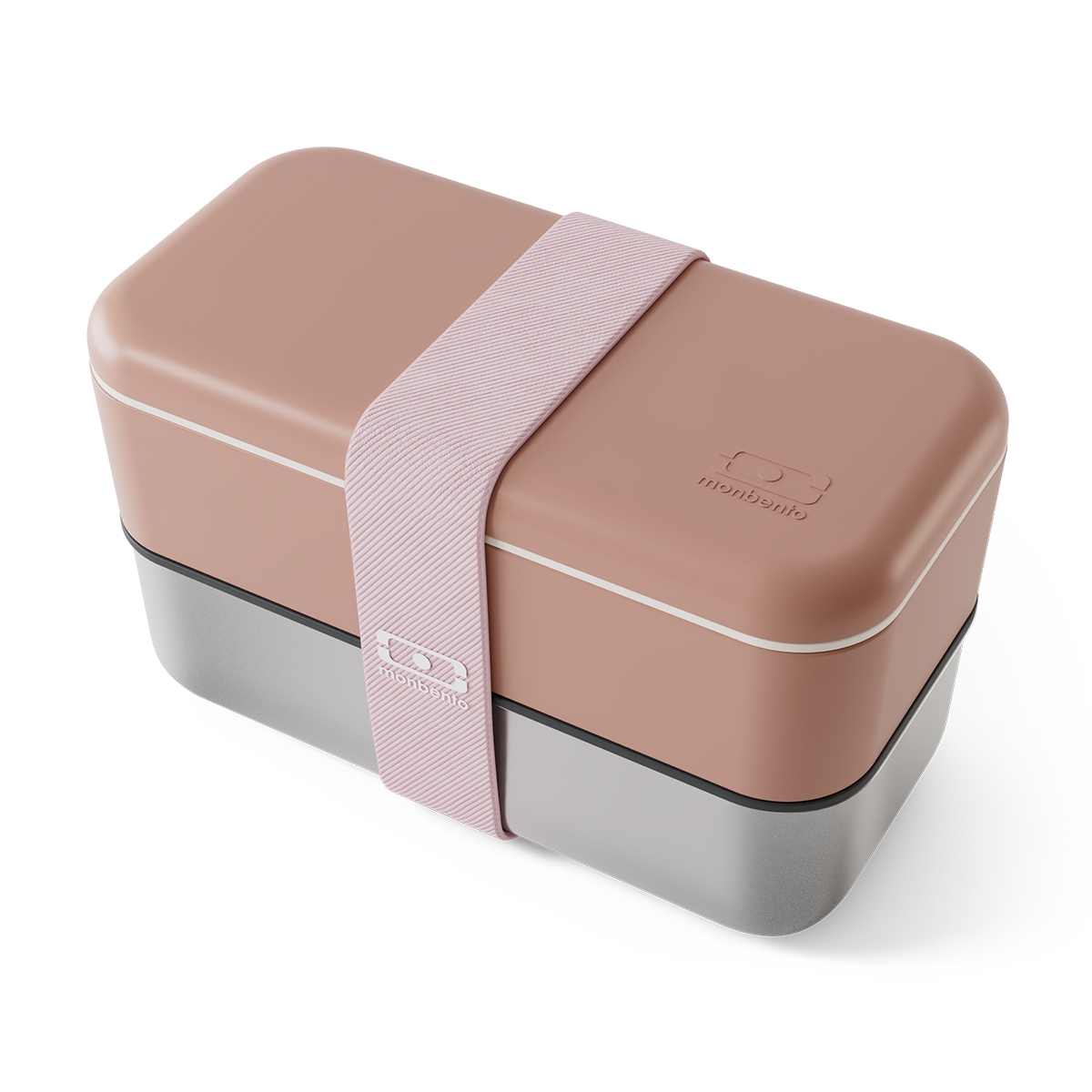 Lunchbox dwupoziomowy Monbento Sense pojemnik ze stali nierdzewnej, zamykany szeroką opaską, kolor: Rosa Moka
