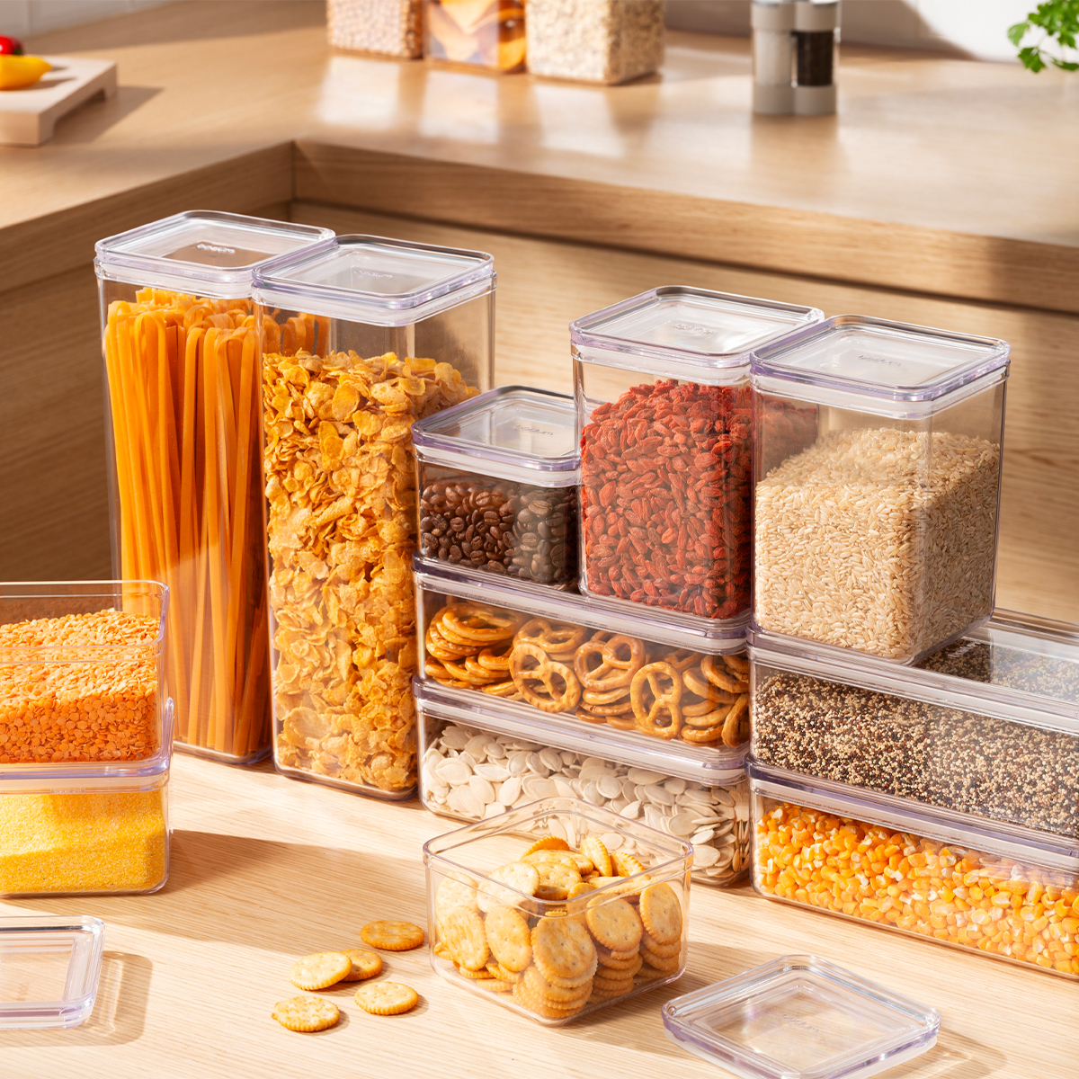 Minimalistyczny design z przeźroczystymi pokrywkami sprawia, że pojemniki estetycznie prezentują się w lodówce, szafkach kuchennych oraz na blacie.